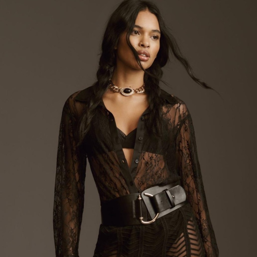 NWT Anthropologie Lace Button Up Bodysuit Sheer Black, Size XS